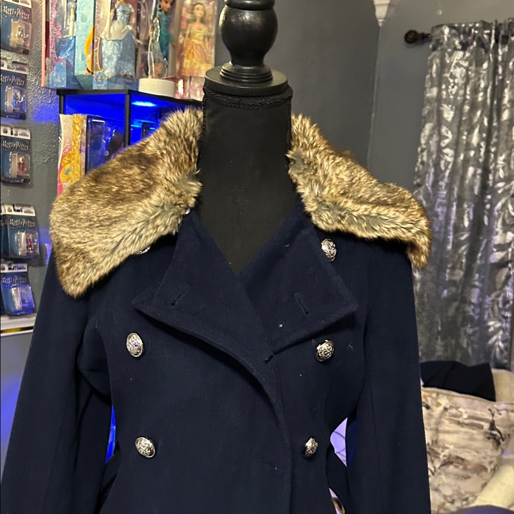 New York & Company Women's Navy Double-Breasted Coat with Faux Fur Collar